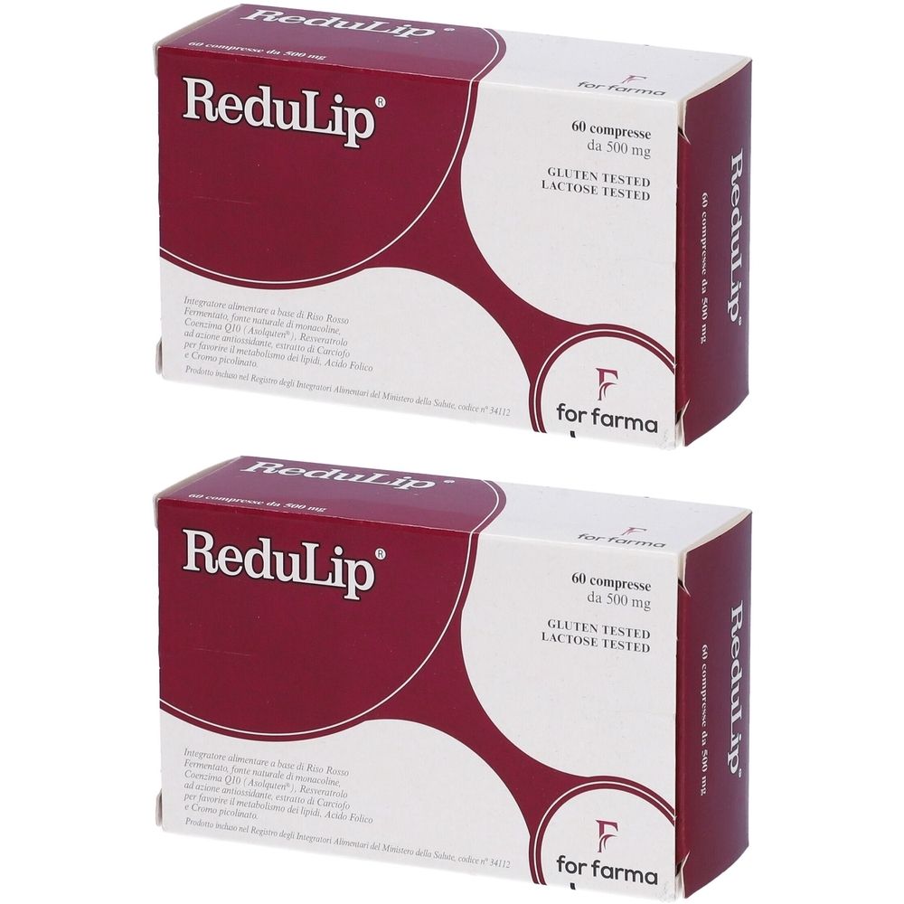 Due scatole ReduLip. Scritto: 60 compresse da 500 mg. Senza glutine, senza lattosio. Marchio: for farma.