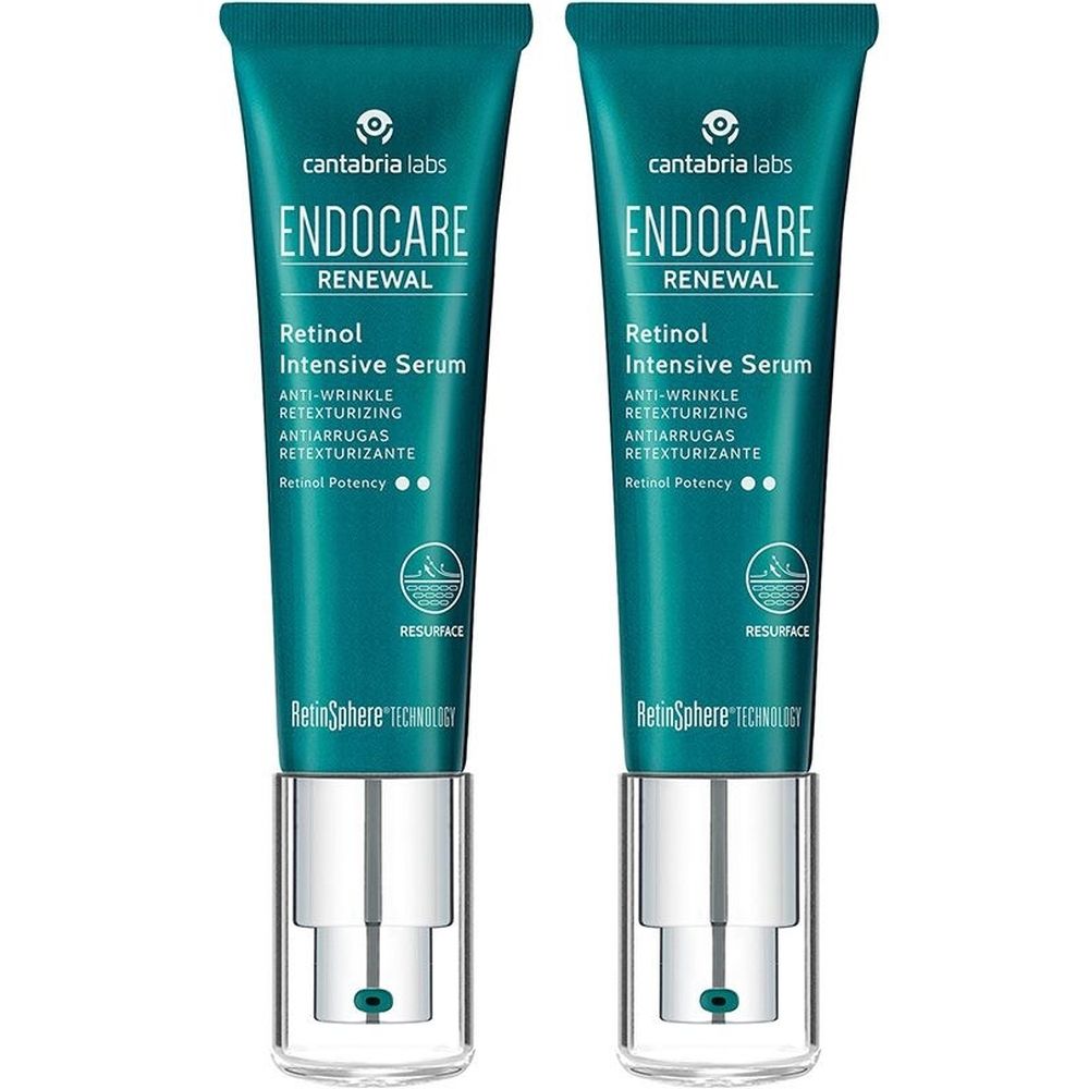 Due tubi di siero intensivo Endocare Renewal Retinol. Confezione verde e bianca. Testo: Anti-rughe, retexturizzante.
