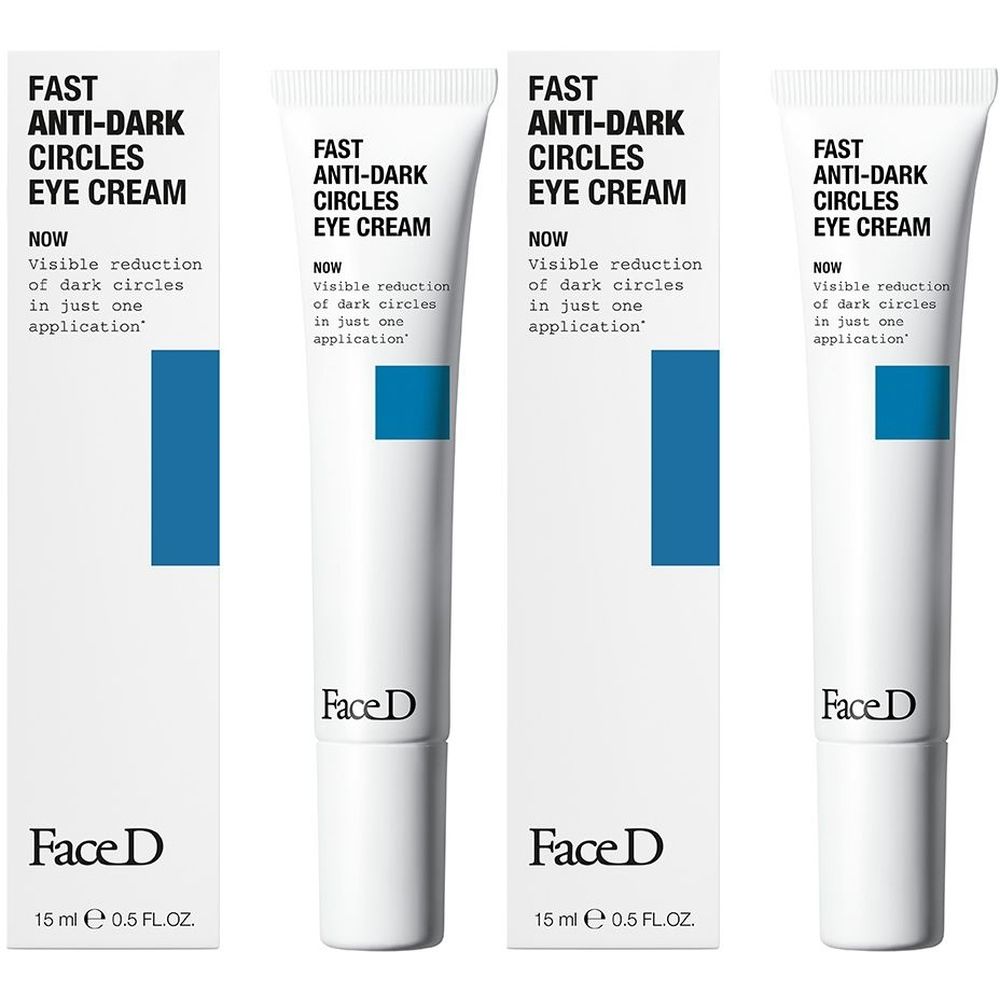 Più tubi e confezioni di crema per gli occhi. Scritta: FAST ANTI-DARK CIRCLES EYE CREAM. Marchio: Face D. Contiene 15 ml.