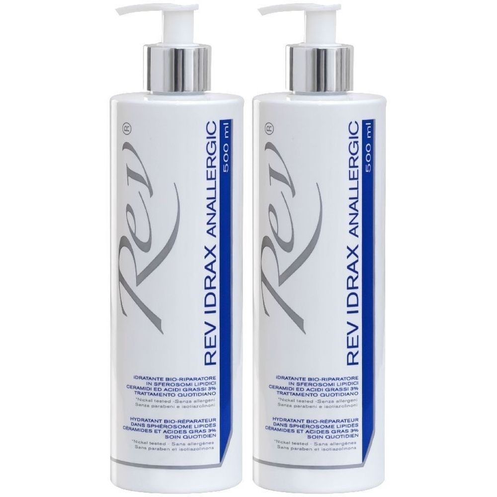 Due flaconi bianchi con dosatore. Scritta: Rev Idrax Anallergic. Scritta blu e grigia.