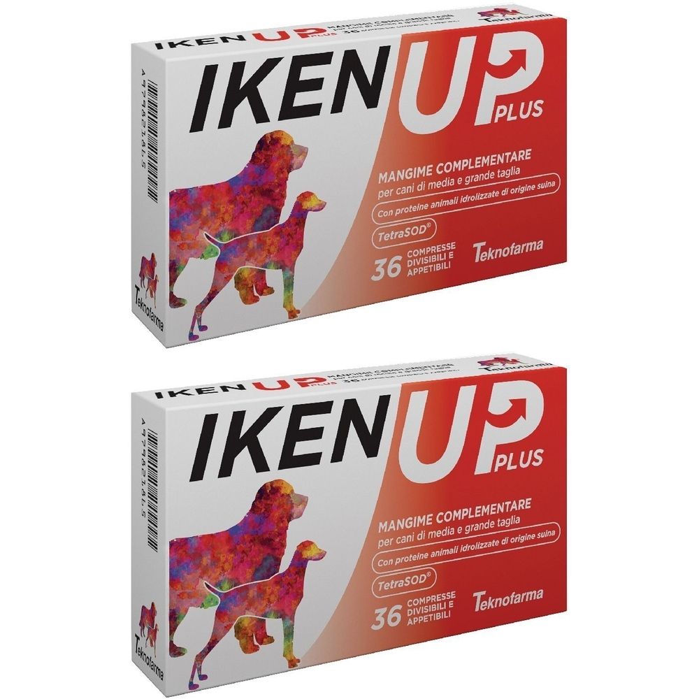 Due scatole di Iken Up Plus. Illustrazione di cani. Testo, 36 compresse. Marchio Teknofarma.