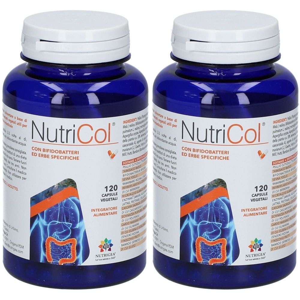 Due flaconi blu con tappi bianchi. Ogni flacone riporta la scritta "NutriCol" e "120 Capsule".