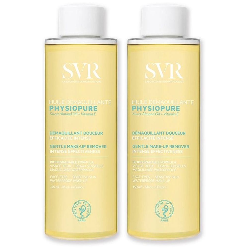 Due flaconi di olio struccante SVR PHYSIOPURE. Liquido giallo in flaconi cilindrici con tappo bianco. Testo: PHYSIOPURE.