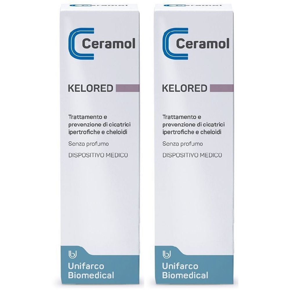 Due confezioni bianche con logo Ceramol e scritta Kelored. Testo: Trattamento e prevenzione cicatrici ipertrofiche e cheloidi. Senza profumo. Dispositivo medico.