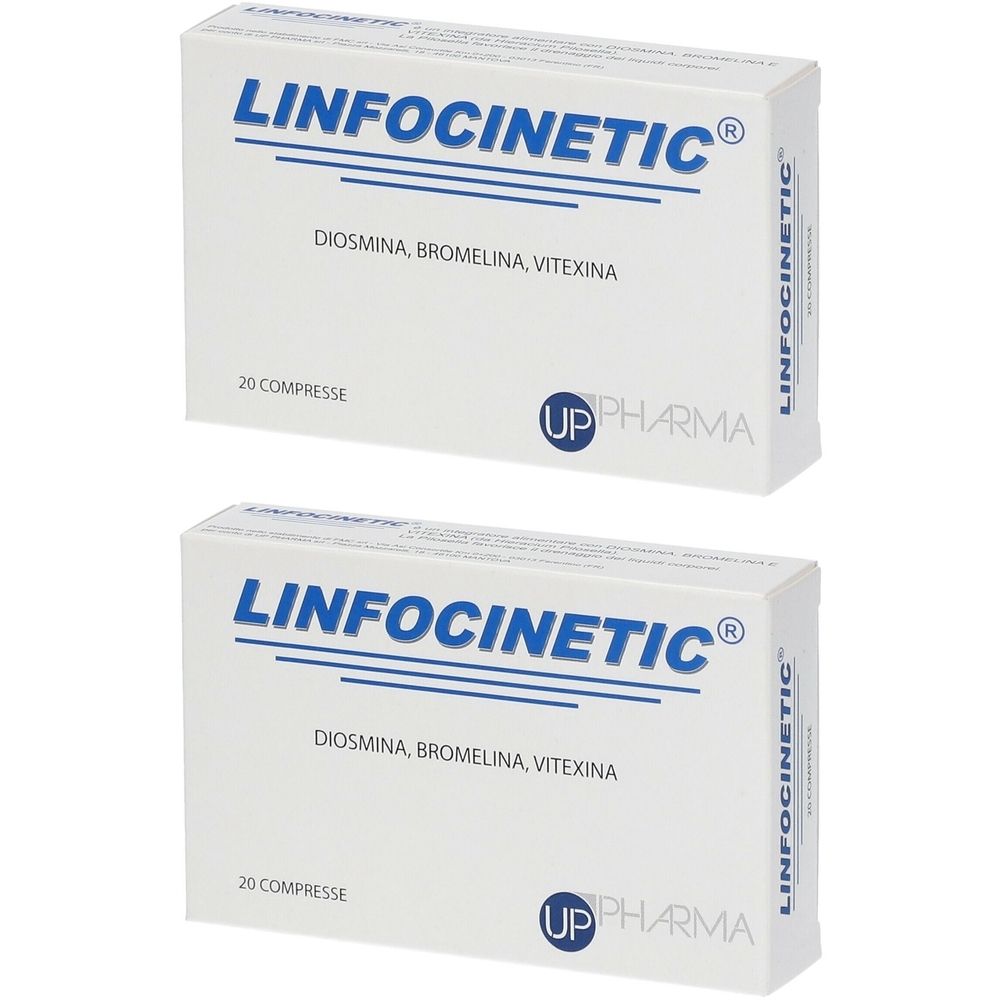 Due scatole bianche con scritto LINFOCINETIC. Scritta: Diosmina, Bromelina, Vitexina. Sotto: 20 Compresse. Logo UP PHARMA.