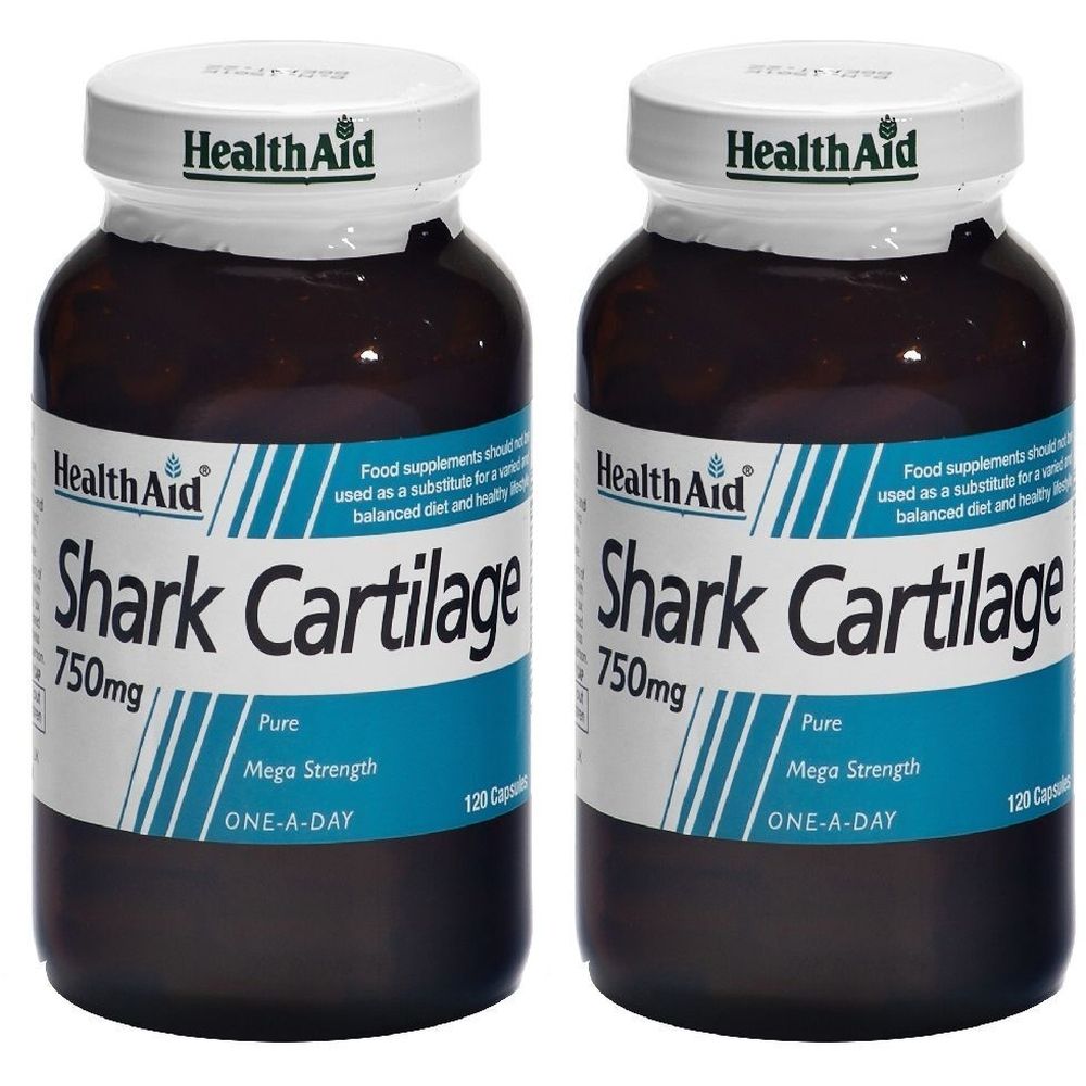 Due flaconi di capsule. Scritta: Health Aid, Shark Cartilage, 750mg, Pure, Mega Strength, ONE-A-DAY, 120 capsule.