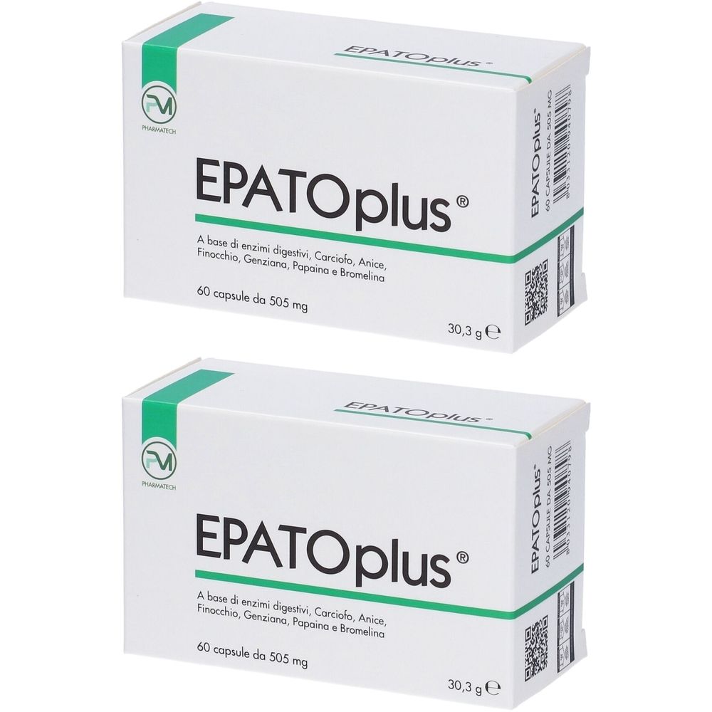 Due scatole bianche con la scritta "EPATOplus". Ogni scatola indica "60 capsule da 505 mg".