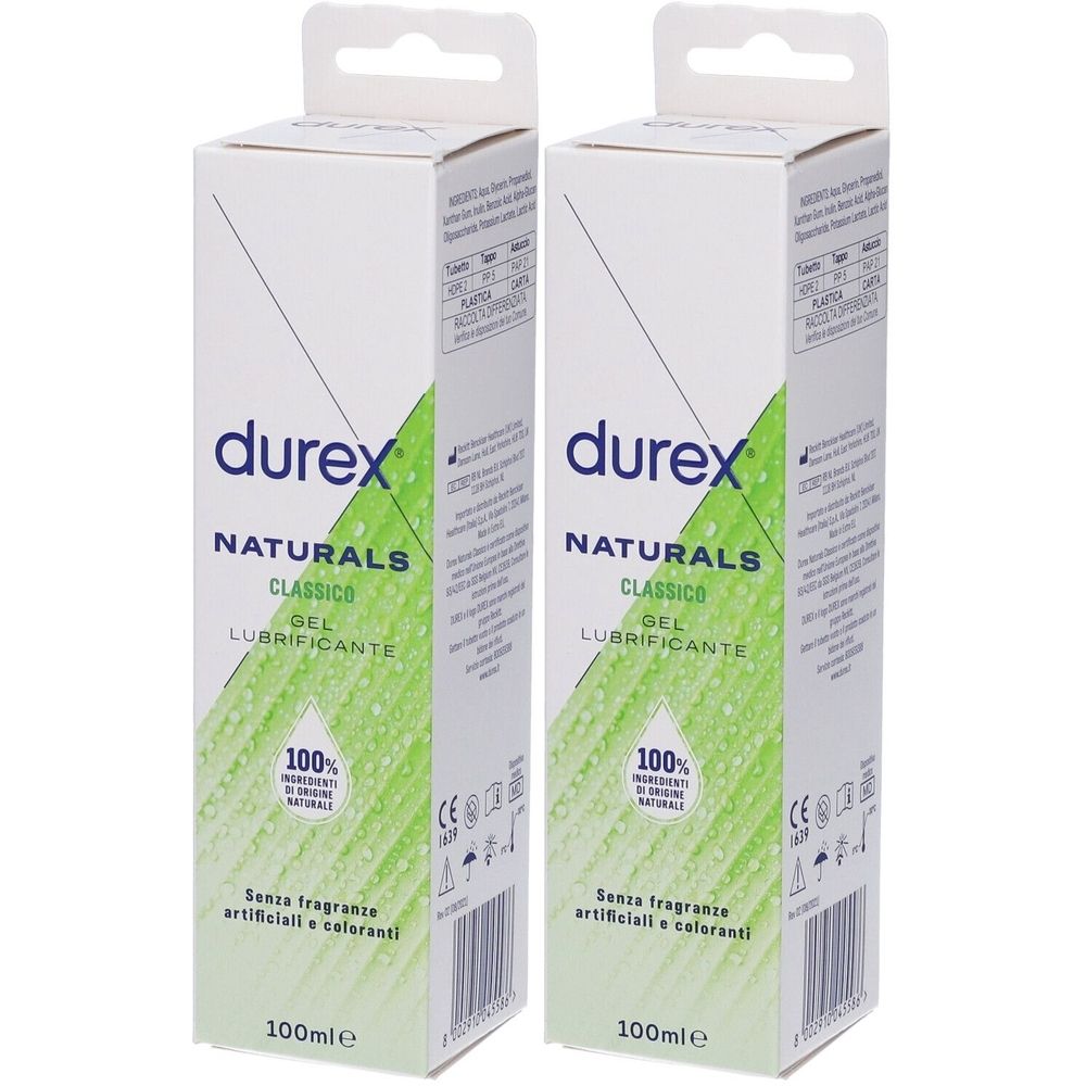 Due confezioni di gel Durex Naturals Classic. Scatole bianche con dettagli verdi. Scritta: Naturals, Classic, Gel Lubrificante.