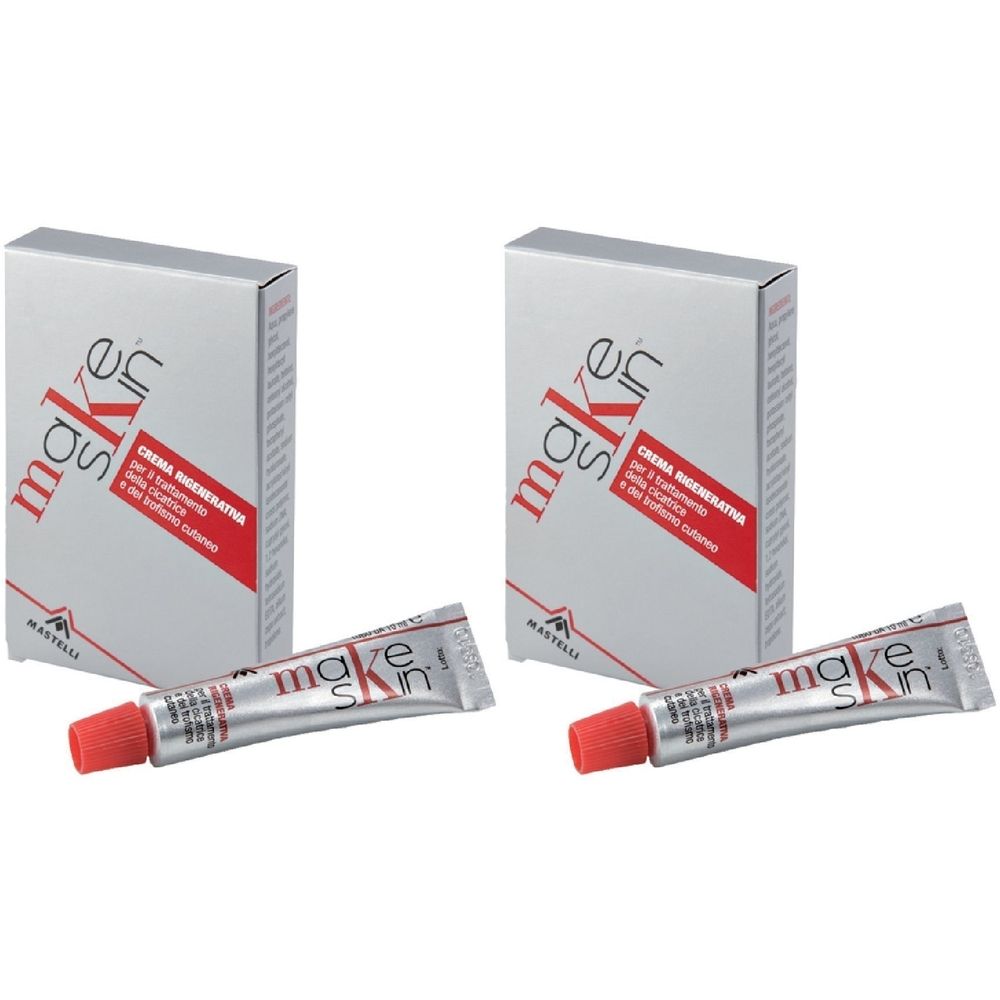 Due set, ciascuno con un tubetto e una scatola. Il tubetto ha un tappo rosso. Sulla scatola si legge « Makeskin » e « MASTELLI ».