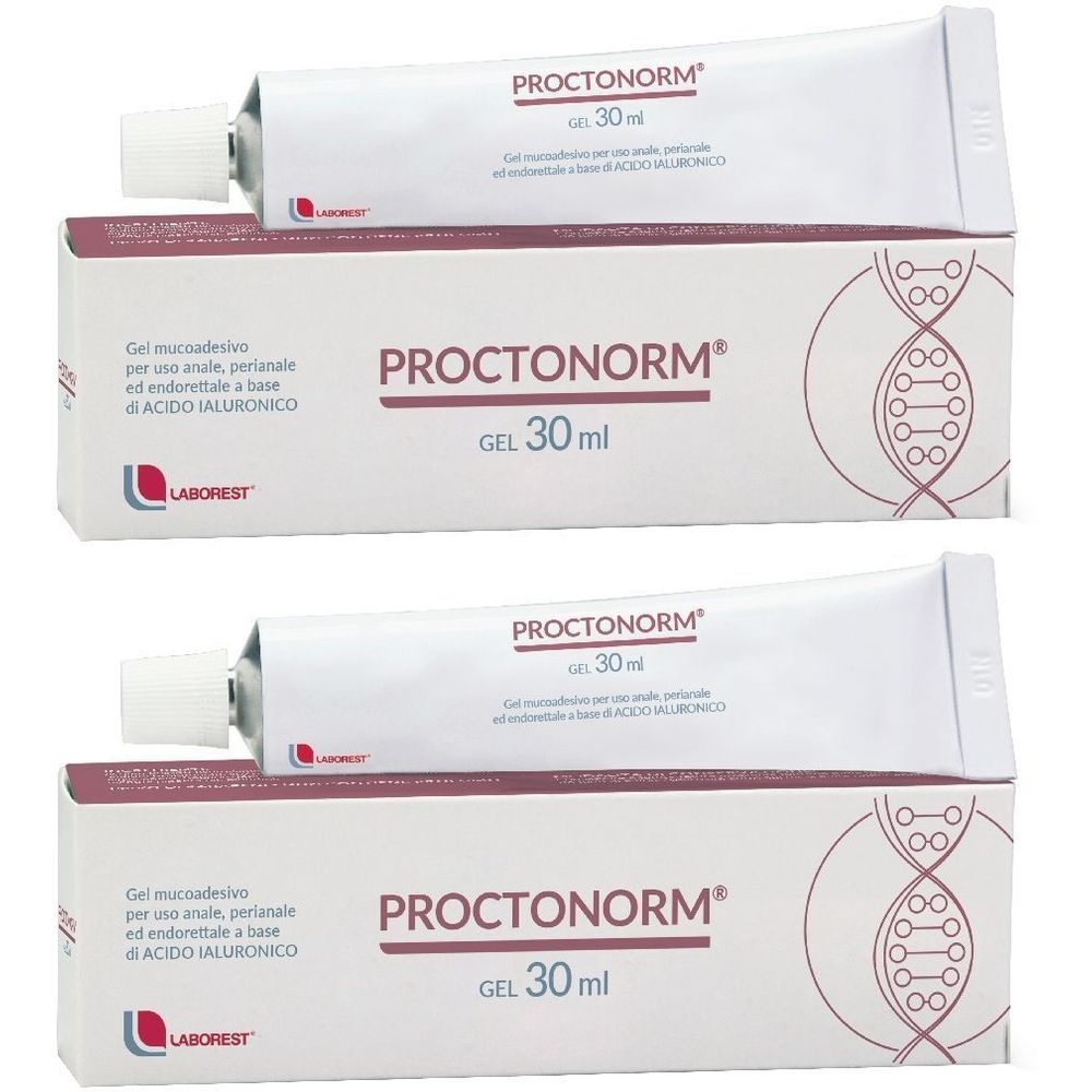 Due tubi e due scatole. I tubi riportano "PROCTONORM" e "30ml". Le scatole riportano "PROCTONORM GEL 30 ml".