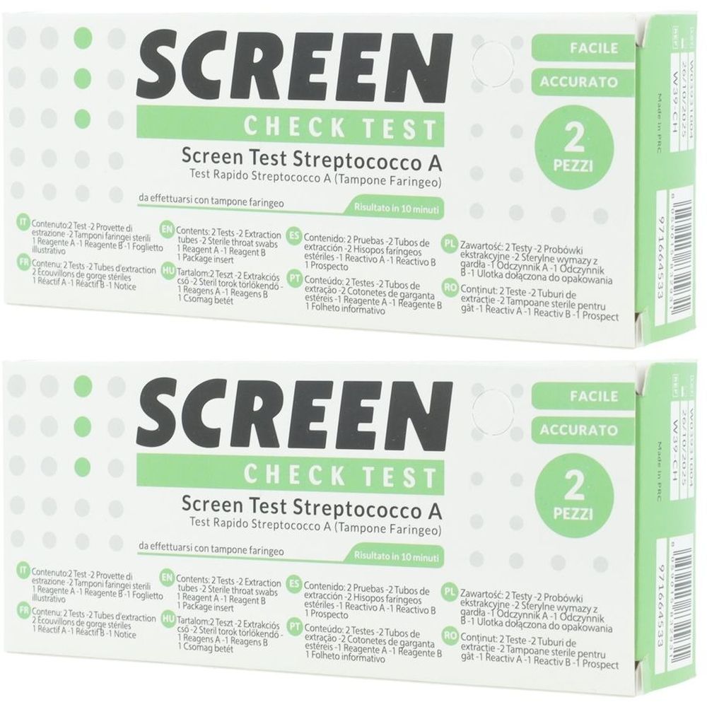 Due confezioni di Screen Check Test. Scritta: Screen Test Streptococco A, 2 pezzi. Con accento verde e testo in più lingue.