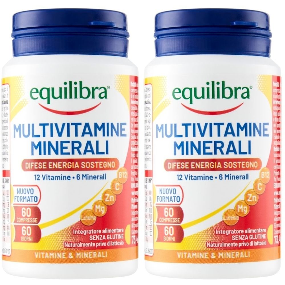 Due flaconi di Equilibra Multivitamine Minerali. Scritta: 12 vitamine, 6 minerali. 60 compresse. Senza glutine, senza lattosio.