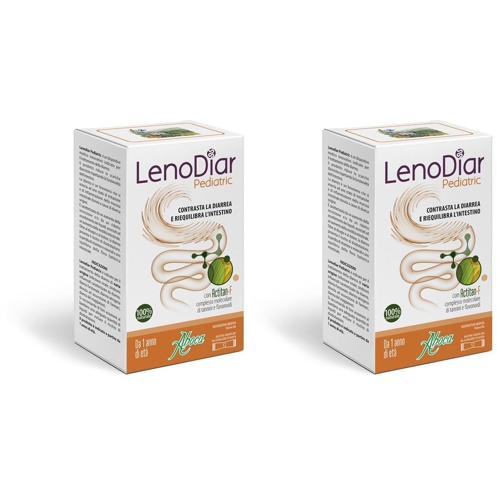 Due scatole Lenodiar Pediatric. Scritta: Pediatric, testo, illustrazione apparato digerente. Con Actitan F. Per bambini da 1 anno.