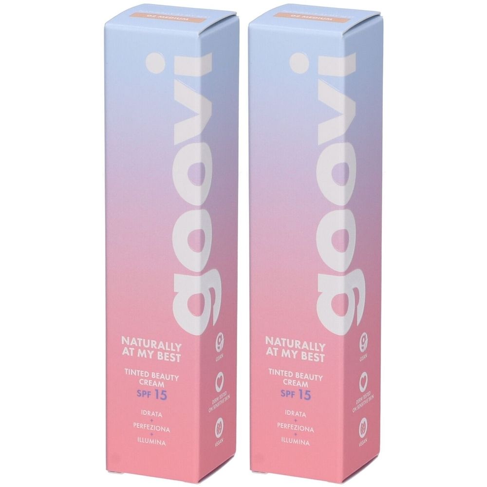 Due scatole rettangolari con sfumatura rosa e blu. Stampato il marchio "goovi" e informazioni sul prodotto.
