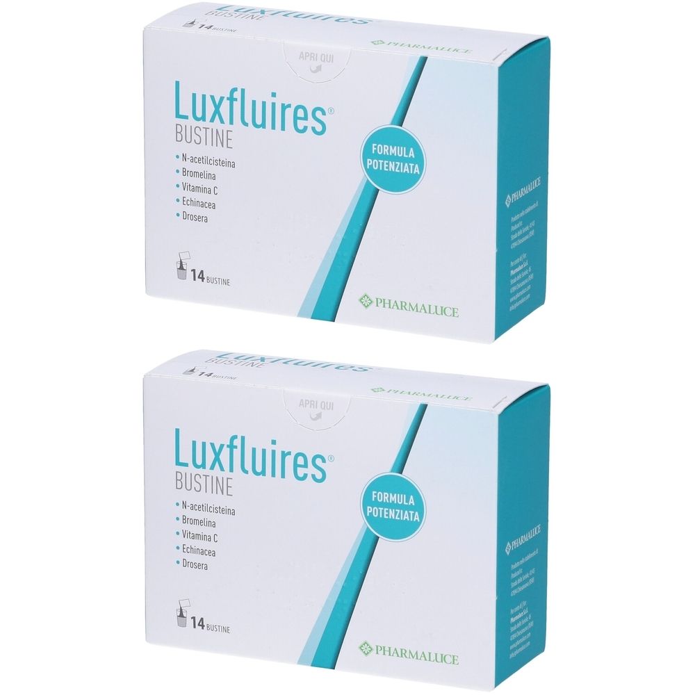 Due scatole di Luxfluires Bustine. Scritta: Formula Potenziata, 14 bustine. Marchio Pharmalife.