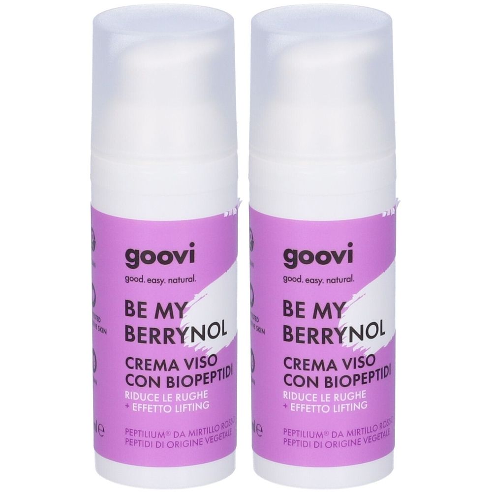 Due flaconi bianchi con etichette viola. Le etichette riportano "Goovi Be My Berrynol Crema Viso con Biopeptidi".