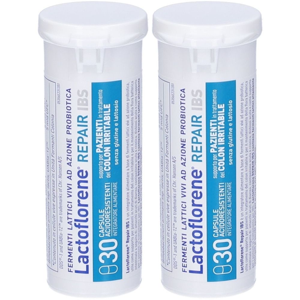 Due flaconi bianchi. Scritta: Lactoflorene Repair IBS, capsule per la sindrome del colon irritabile. Senza glutine e lattosio.