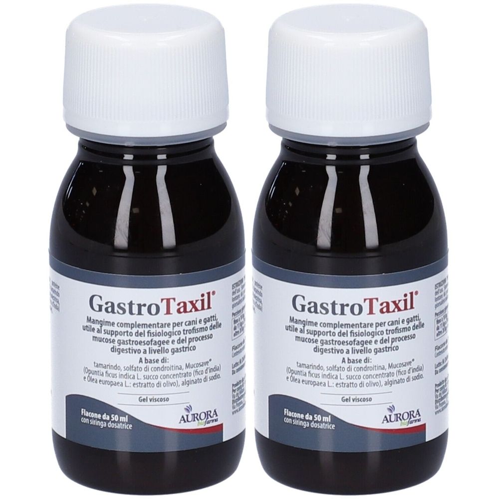 Due flaconi con tappi bianchi. Scritta GastroTaxil. Etichetta con informazioni sul prodotto. Logo Aurora. Gel viscoso.