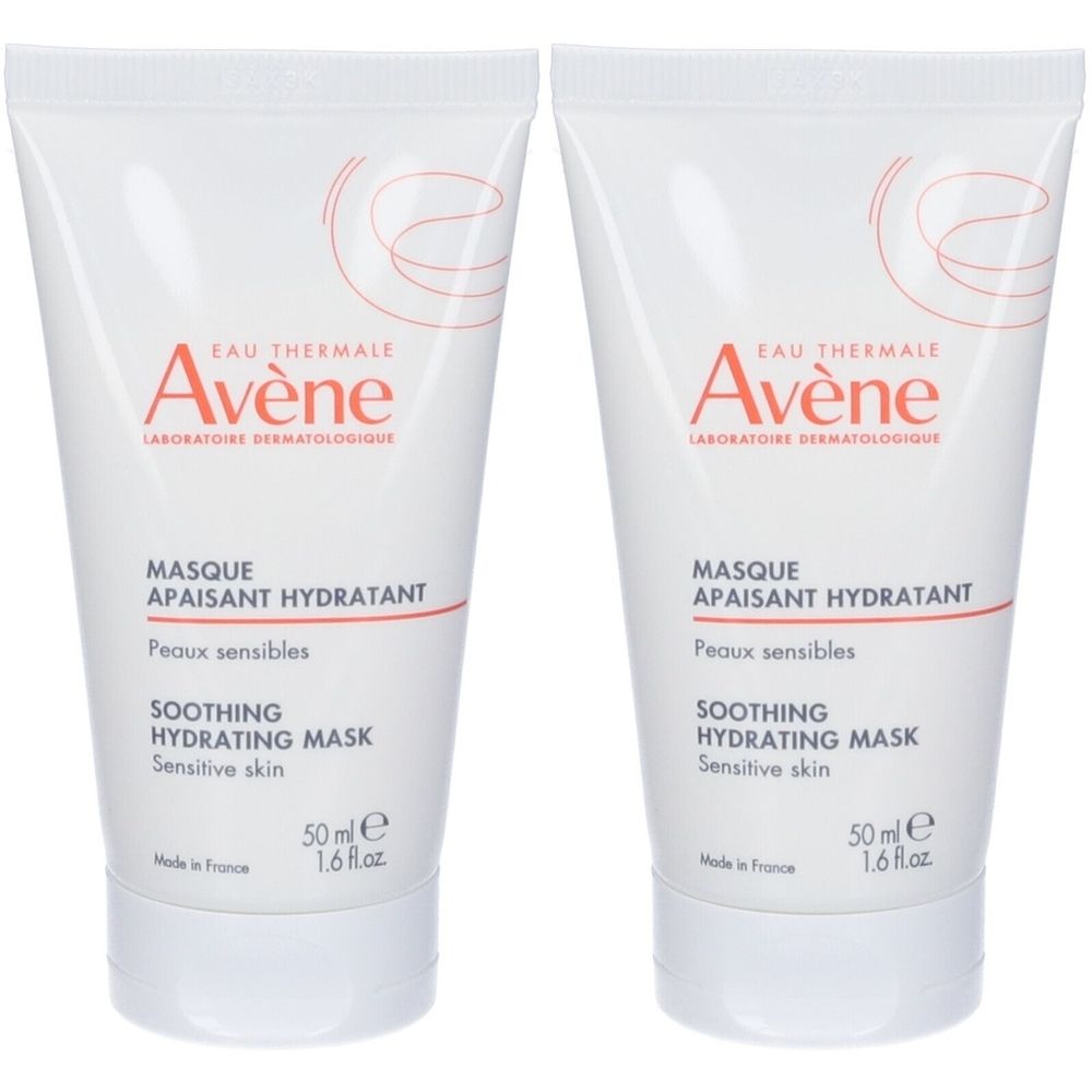 Due tubi bianchi con scritte rosse e nere. Scritta: Eau Thermale Avène, Masque Apaisant Hydratant, 50ml, per pelli sensibili.