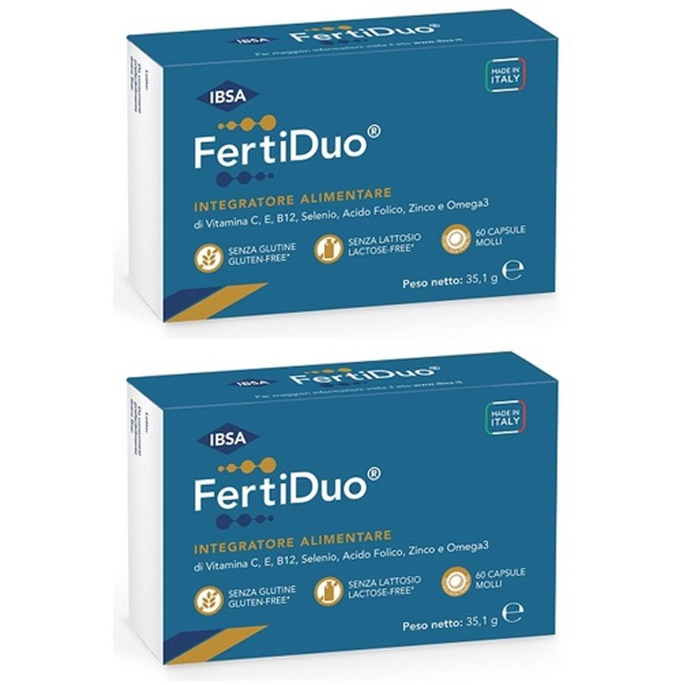 Due scatole di IBSA FertiDuo. Confezione blu con testo bianco. Contiene integratore alimentare. Senza glutine e lattosio. Prodotto in Italia.
