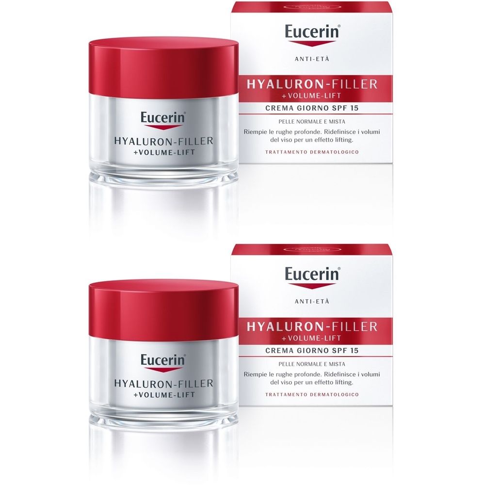 Due vasetti Eucerin Hyaluron-Filler + Volume-Lift Giorno, coperchi rossi, etichette bianche. Due confezioni con nome prodotto.