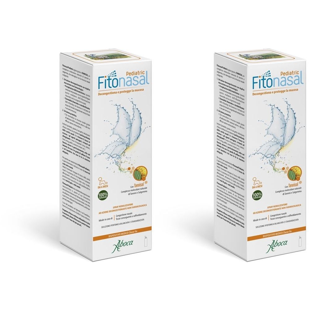 Due scatole bianche con stampa del prodotto. Scritta: FitoNasal Pediatric. Logo: Aboca. Con immagine di acqua e piante.