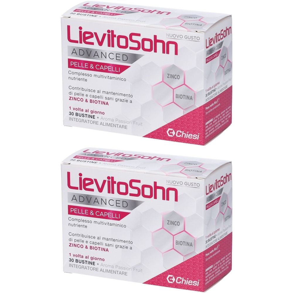 Due scatole LievitoSohn Advanced. Scritta: PELLE & CAPELLI, ZINCO & BIOTINA. Marchio Chiesi. Confezione rosa e bianca.