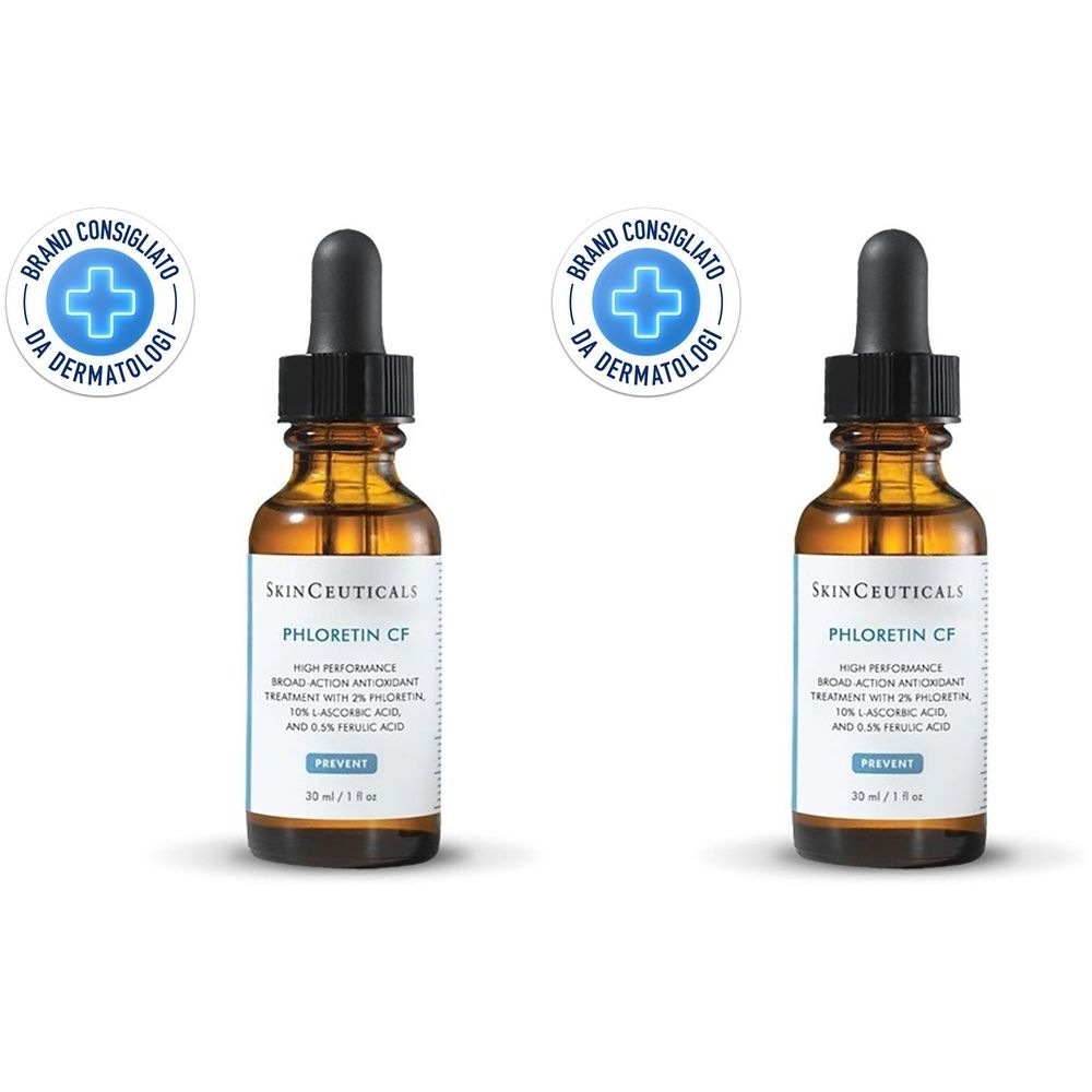 Due flaconi SkinCeuticals Phloretin CF. Flaconi in vetro marrone con contagocce nero. Scritta: Phloretin CF, Prevent. Sigillo: Brand Consigliato da Dermatologi.