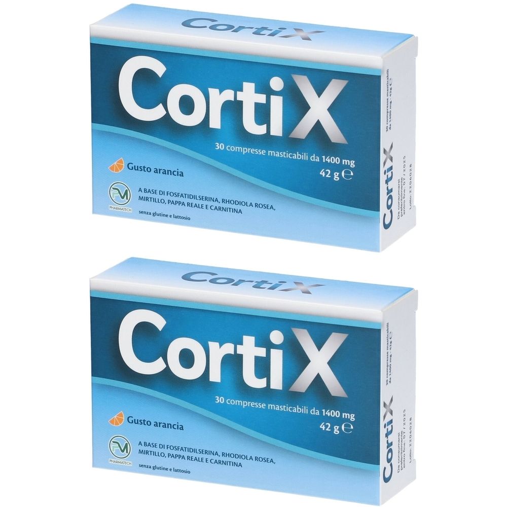 Due confezioni di CortiX. Scatole blu e bianche con nome del prodotto e informazioni. Scritto: 30 compresse.