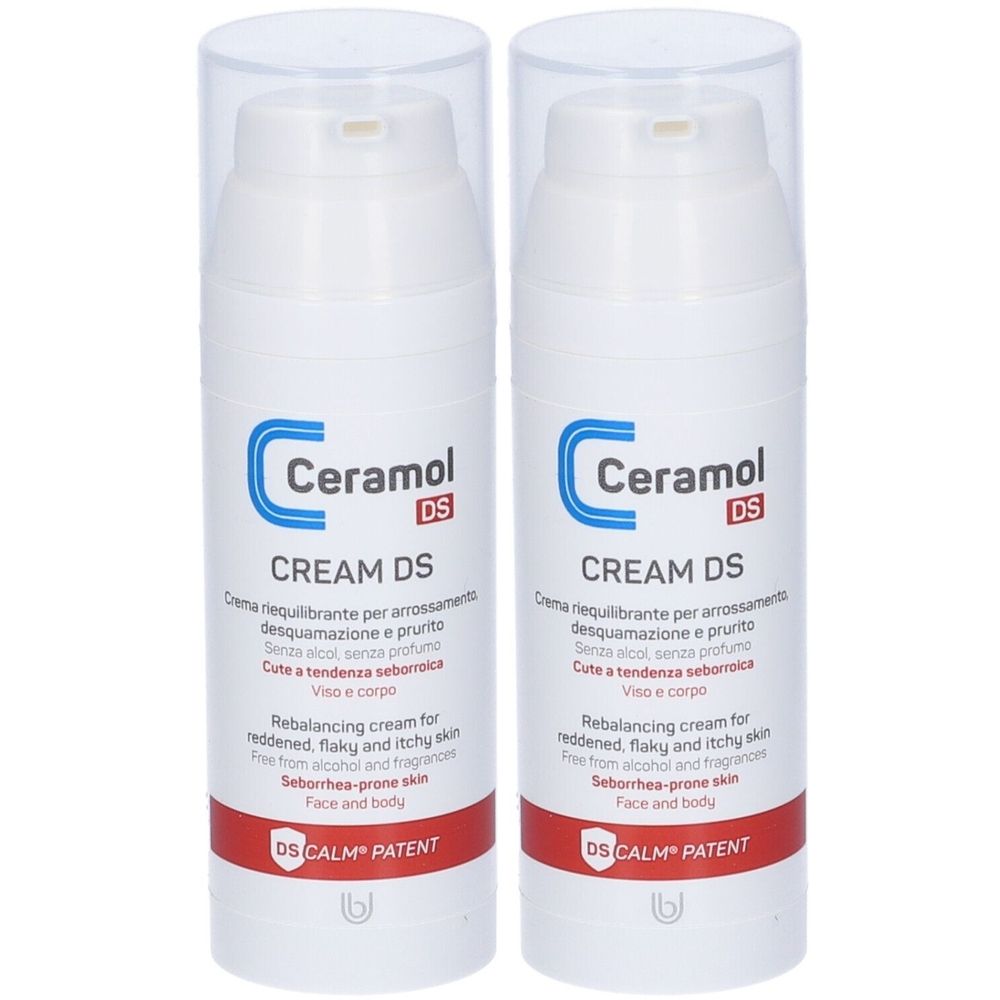 Due creme bianche con coperchi trasparenti. Scritta: Ceramol CREAM DS. Testo in italiano e inglese. Striscia rossa in basso.