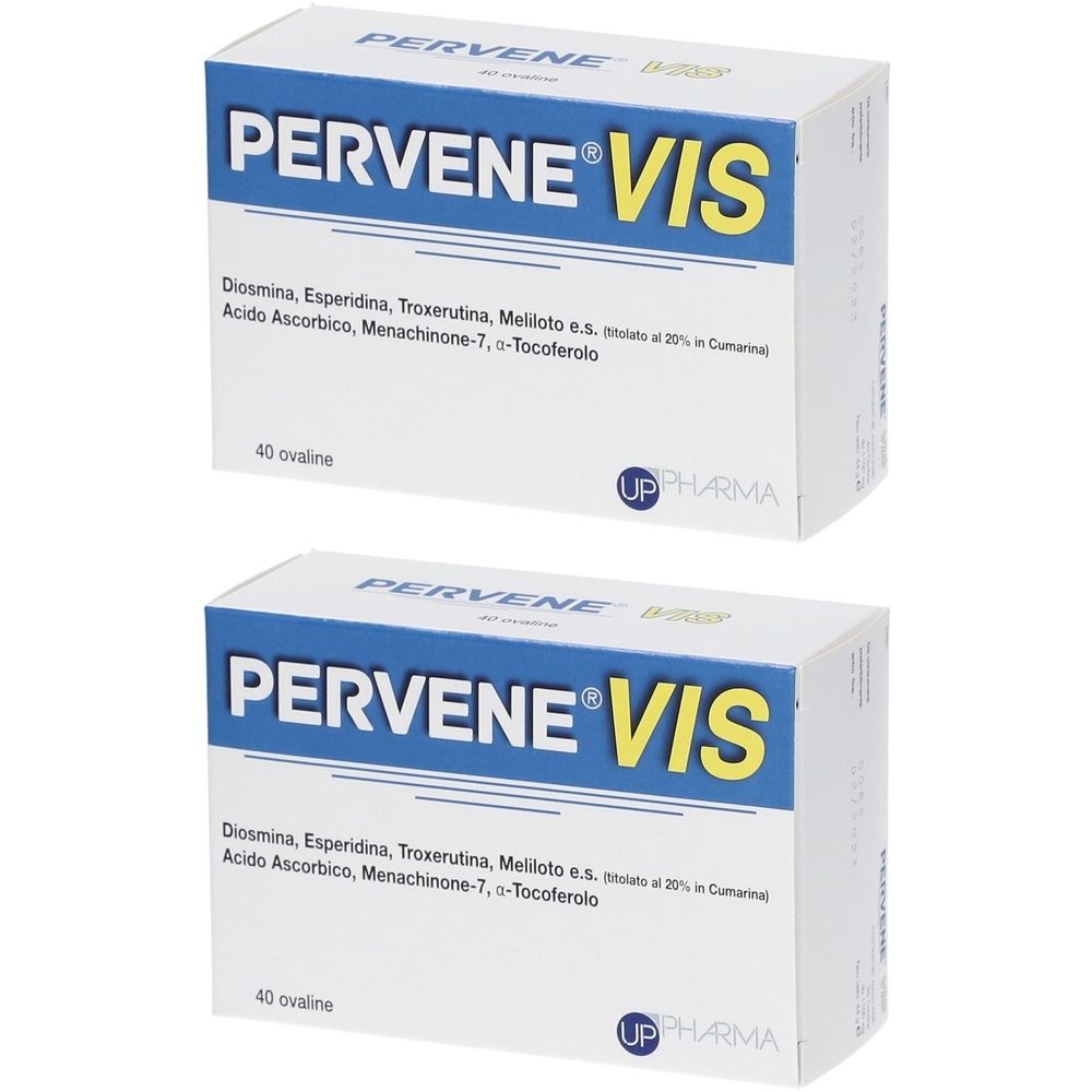 Due scatole bianche con scritta blu PERVENE VIS. Scritta: Diosmina, Esperidina, Troxerutina, Meliloto e.s., Acido Ascorbico, Menachinone-7, α-Tocoferolo. 40 ovaline.