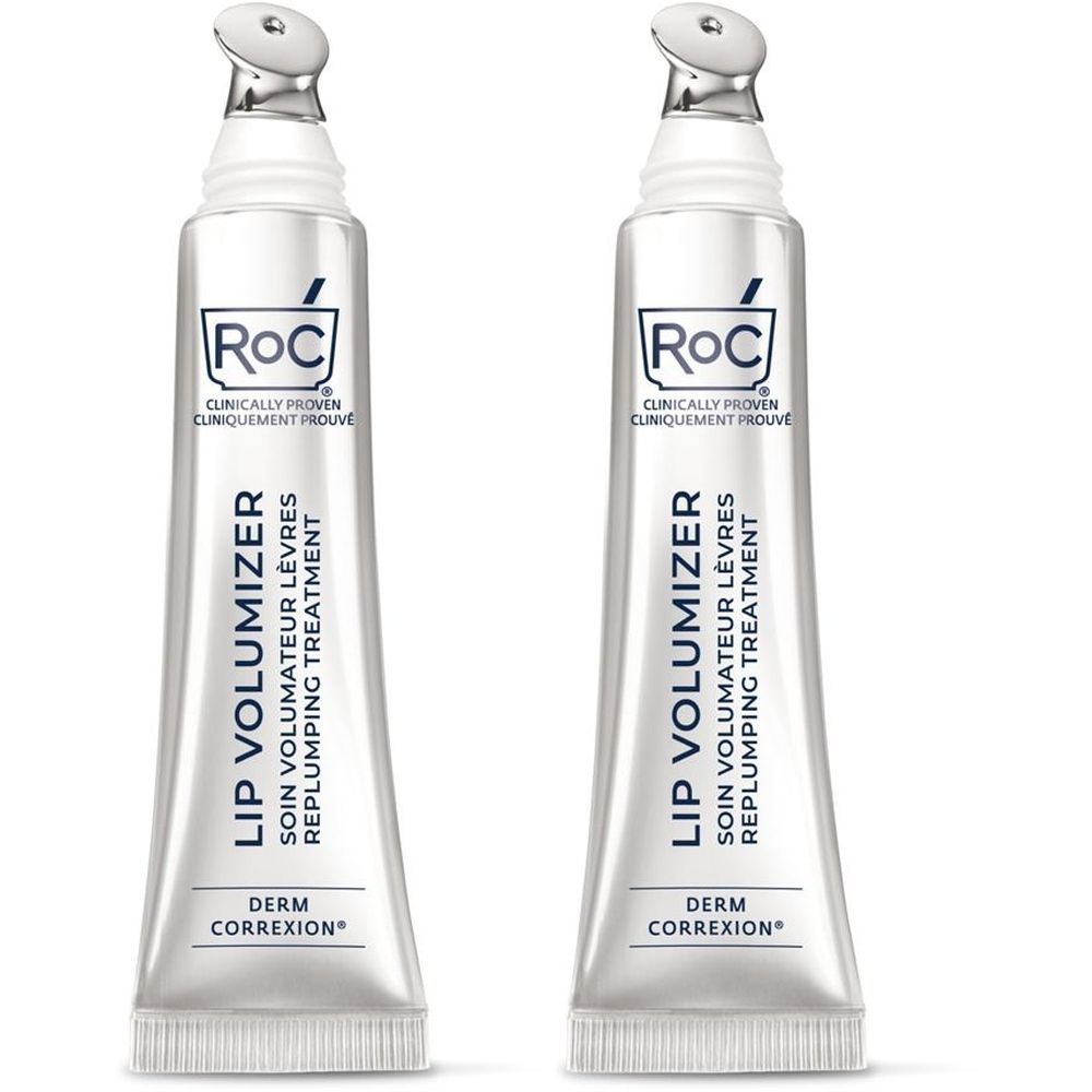 Due tubi di Lip Volumizer. Tubi argentati con applicatore. Scritte: RoC, Lip Volumizer, Derm Correxion.