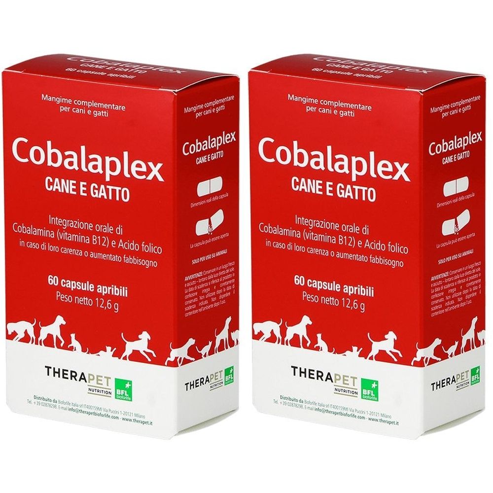 Due scatole rosse Cobalaplex Cane e Gatto. Contiene 60 capsule. Marchio Therapet. Testo in italiano.