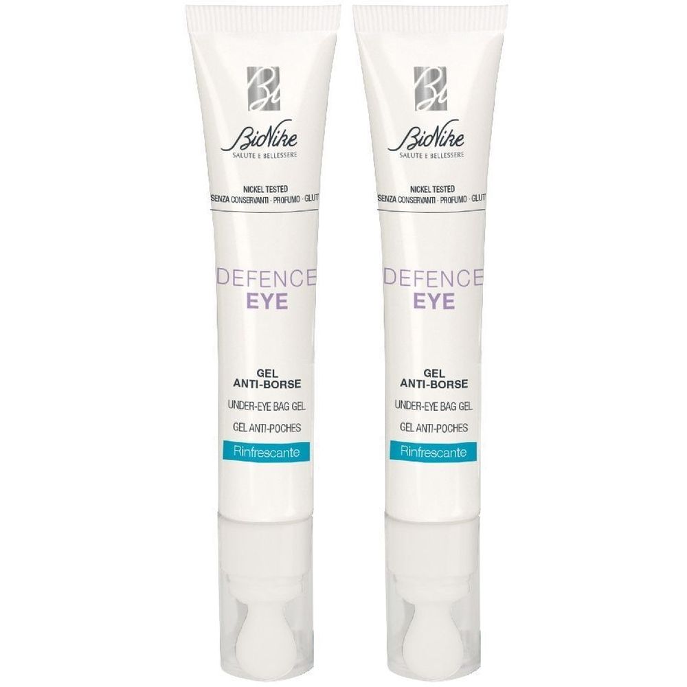 Due tubi bianchi con stampa del prodotto. Scritta: Defence Eye Gel Anti-Borse. Marchio: BioNike. Gel per occhi. Con applicatore.