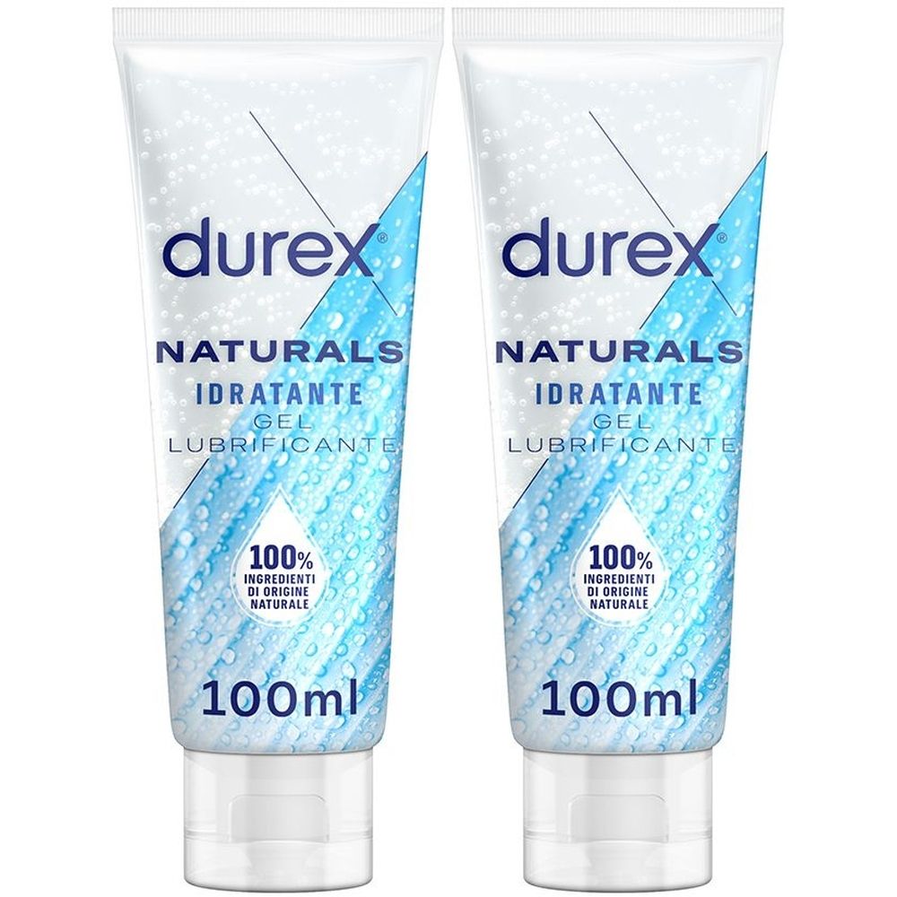 Due tubi bianchi. Su ogni tubo, "durex NATURALS IDRATANTE GEL LUBRIFICANTE". In basso, "100ml".