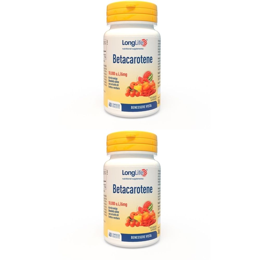 Due flaconi con tappo giallo. Scritta: LongLife Betacarotene 10.000 6 mg. Illustrazione di frutta. 60 compresse.