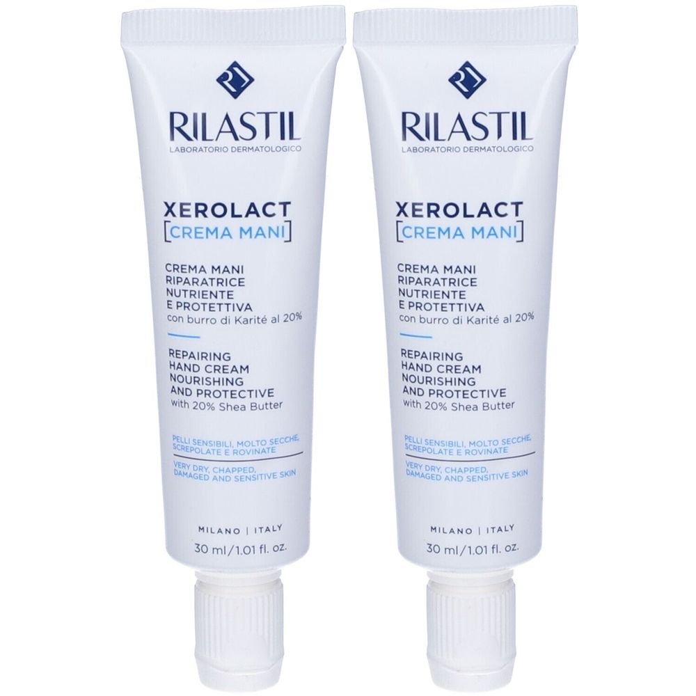 Due tubi di crema mani. Scritta: Rilastil Xerolact Crema Mani. Testo: Riparatrice, nutriente e protettiva con 20% burro di karité.