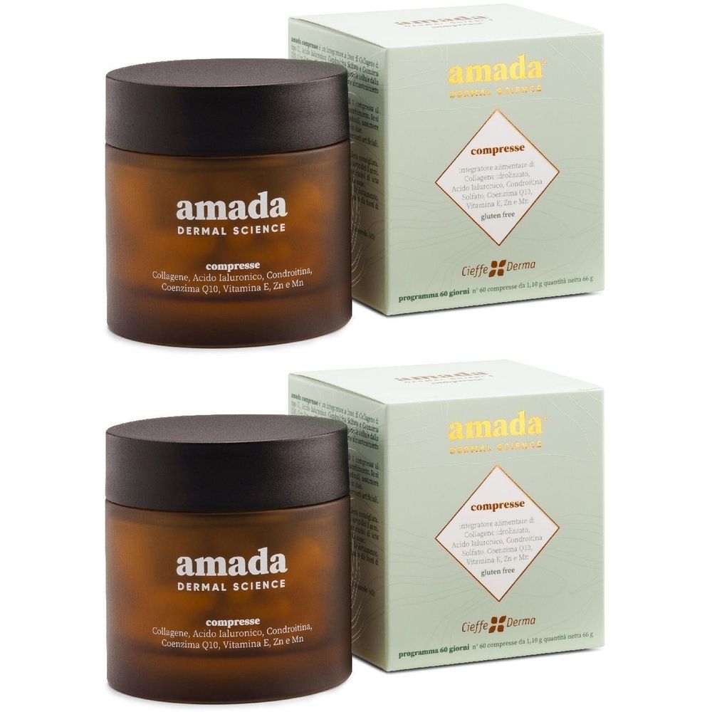 Due flaconi di pillole marroni e due scatole verdi. I flaconi e le scatole riportano la scritta "amada". Le scatole riportano la scritta "compresse".