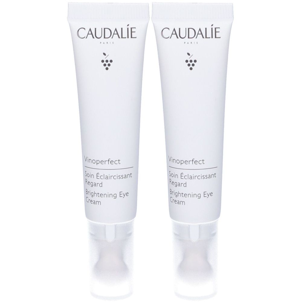 Due tubi bianchi con scritta CAUDALIE, simbolo dell'uva e nome del prodotto. Tappi trasparenti. Nome prodotto: Vinoperfect Brightening Eye Cream.
