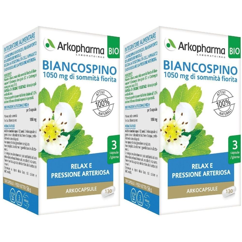 Due confezioni di Arkopharma BIO BIANCOSPINO. Scritta: 1050 mg, 100% naturale, 3 capsule/giorno. Testo: Relax e Pressione Arteriosa.