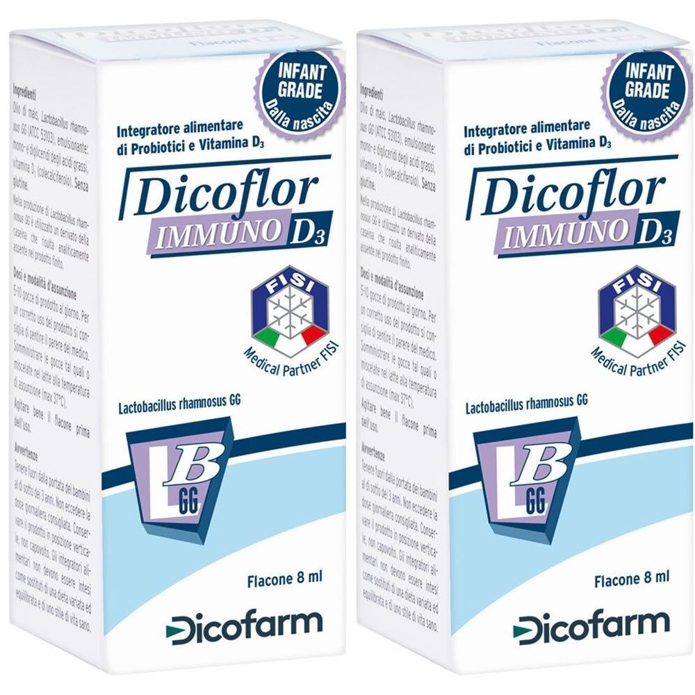 Due scatole bianche "Dicoflor Immuno D3". Testo: "Integratore alimentare di Probiotici e Vitamina D3". Flacone 8 ml. Marchio: Dicofarm.