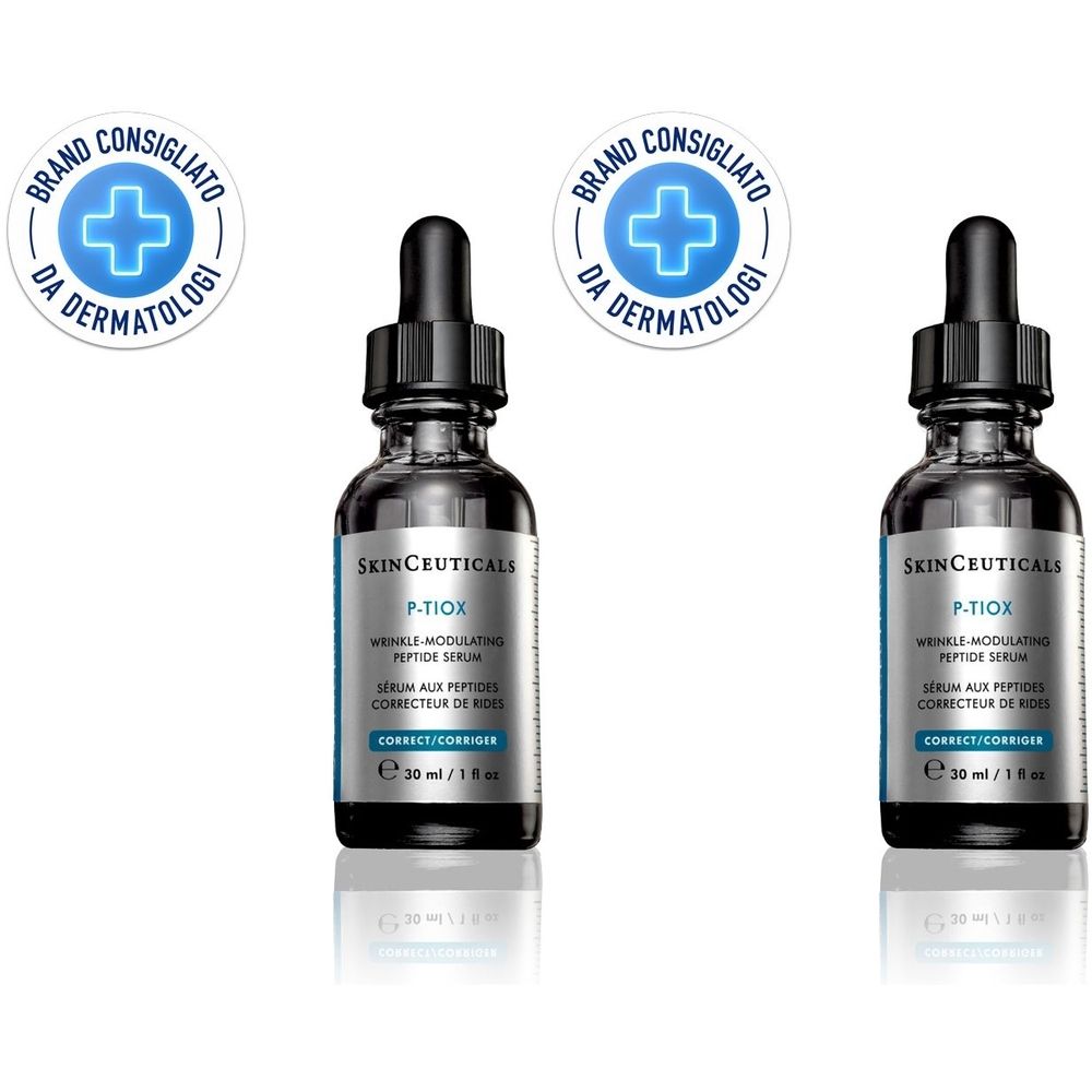 Due flaconi con tappo nero e pipetta. Scritta: SkinCeuticals P-TIOX. Con sigillo « Brand Consigliato Da Dermatologi ».