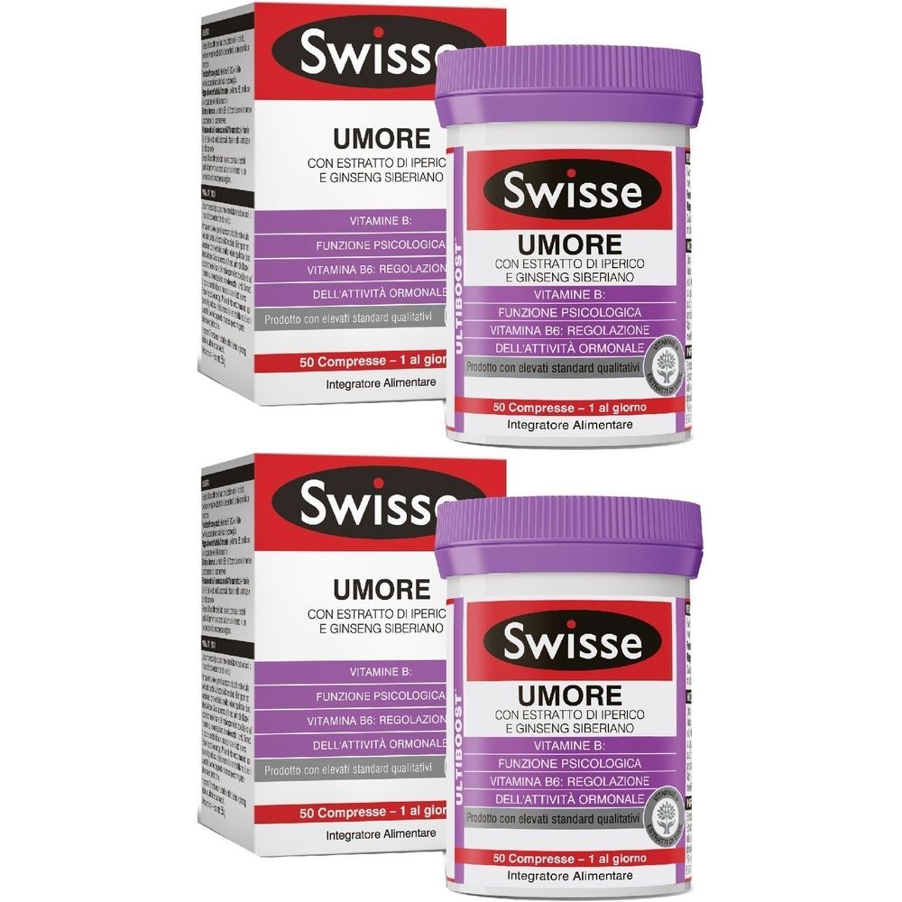 Due confezioni e due flaconi con tappo viola. Scritta: Swisse UMORE. Contiene estratti e vitamine.