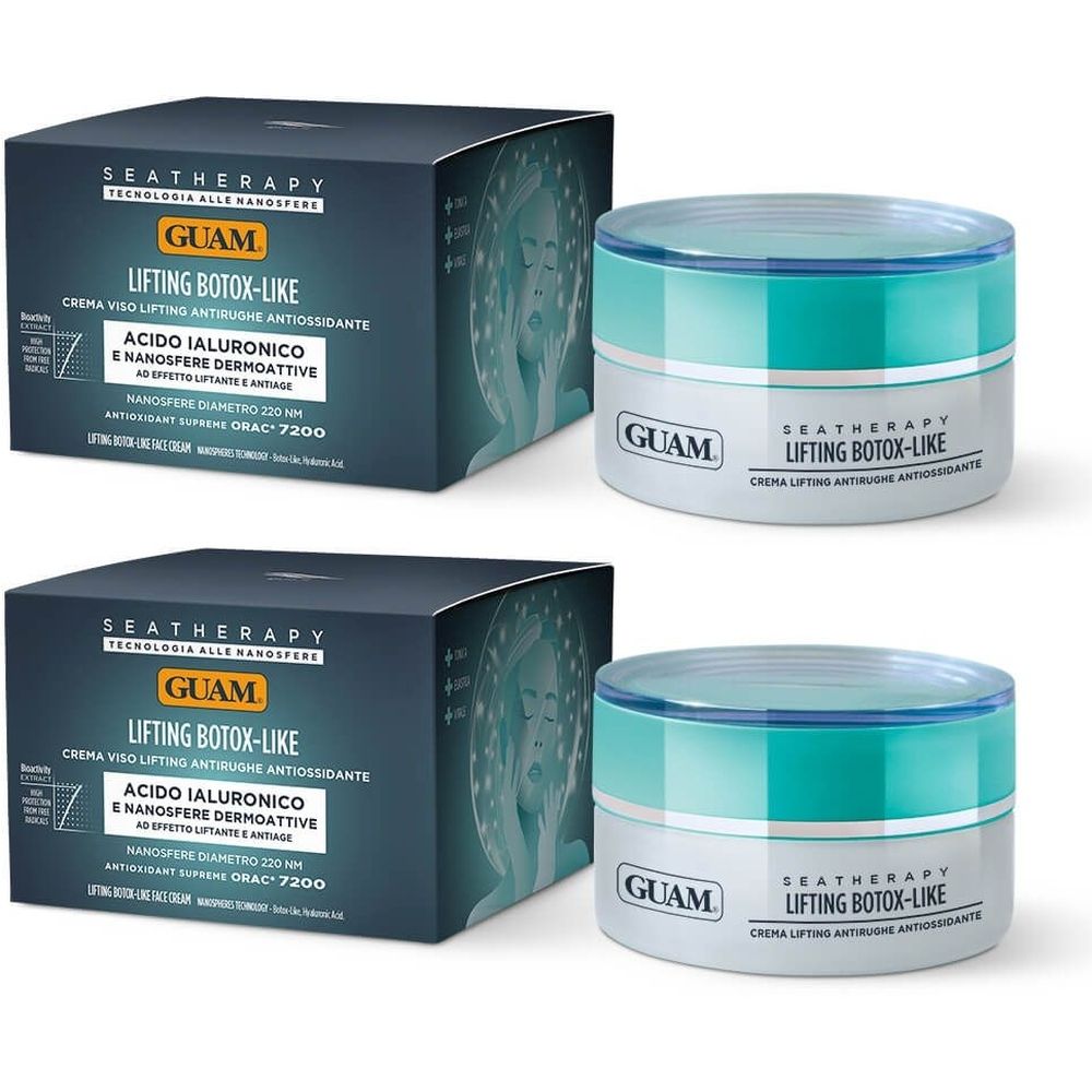Due vasetti di crema e due scatole. I vasetti hanno un contenitore bianco con coperchio blu. Le scatole riportano le scritte "GUAM" e "Lifting Botox-Like".