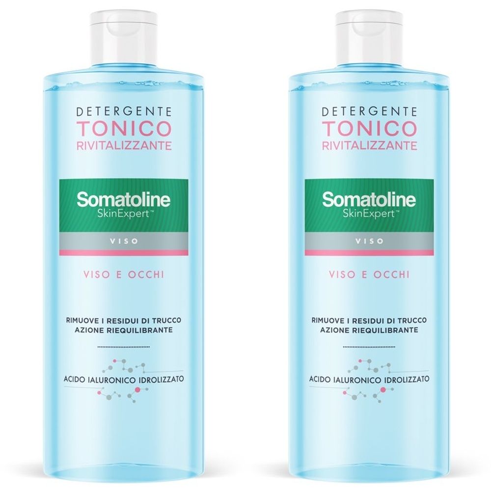 Due flaconi di detergente liquido blu. Scritta: DETERGENTE TONICO RIVITALIZZANTE, Somatoline SkinExpert, VISO E OCCHI.