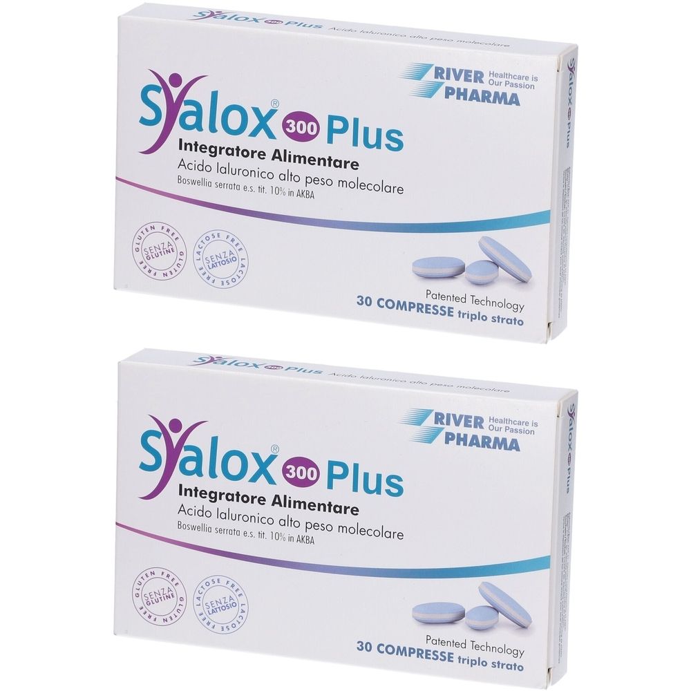 Due scatole bianche con nome del prodotto e compresse blu. Scritta: Syalox 300 Plus, 30 compresse.