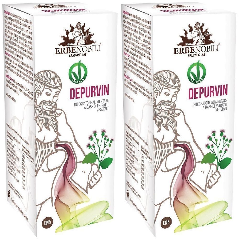 Due scatole bianche con nome DEPURVIN. Logo ERBENOBILI. Sigillo vegano. Testo: Integratore alimentare a base di estratti vegetali.