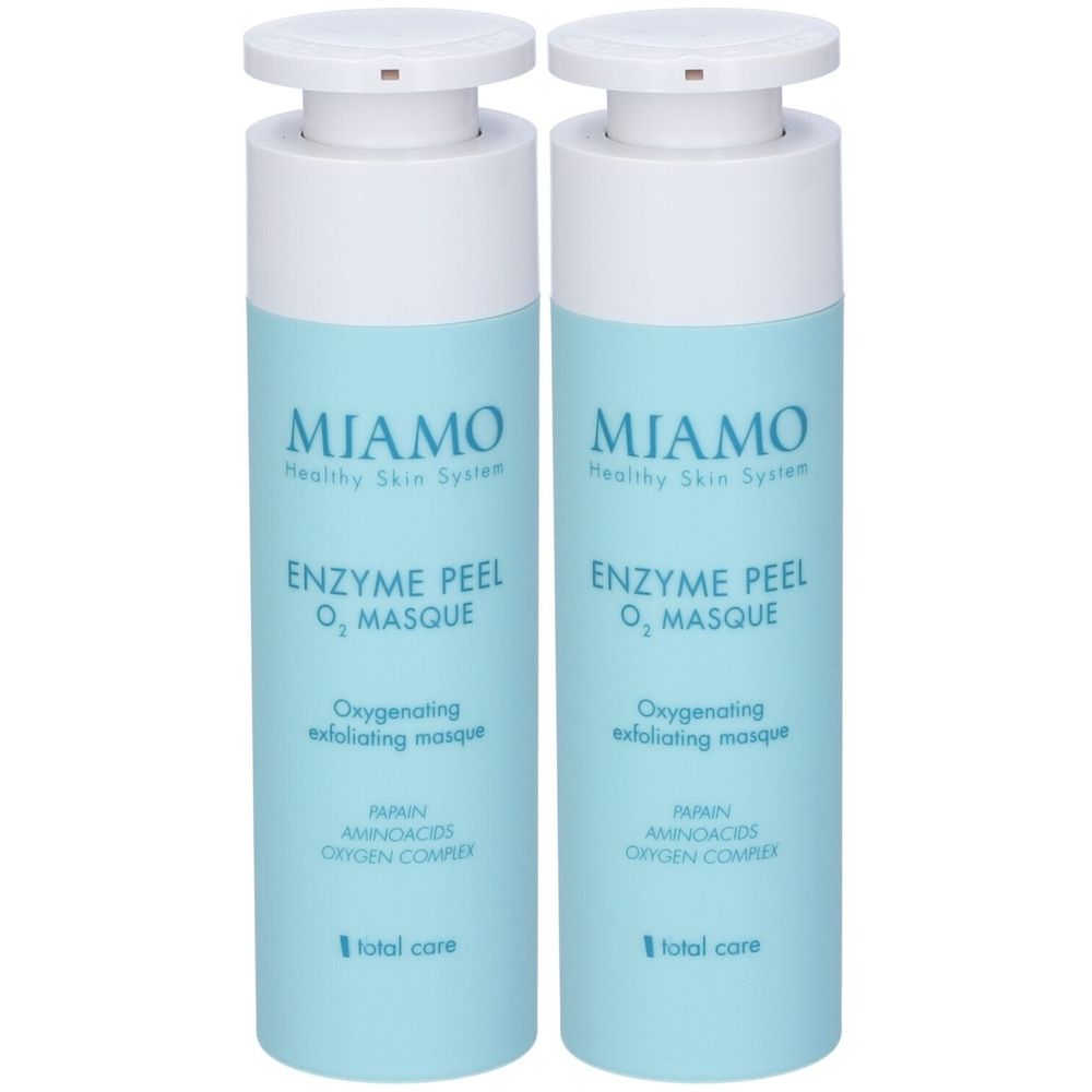 Due flaconi con erogatore bianco e corpo azzurro. Scritta: Miamo, Enzyme Peel O2 Masque. Maschera esfoliante ossigenante.