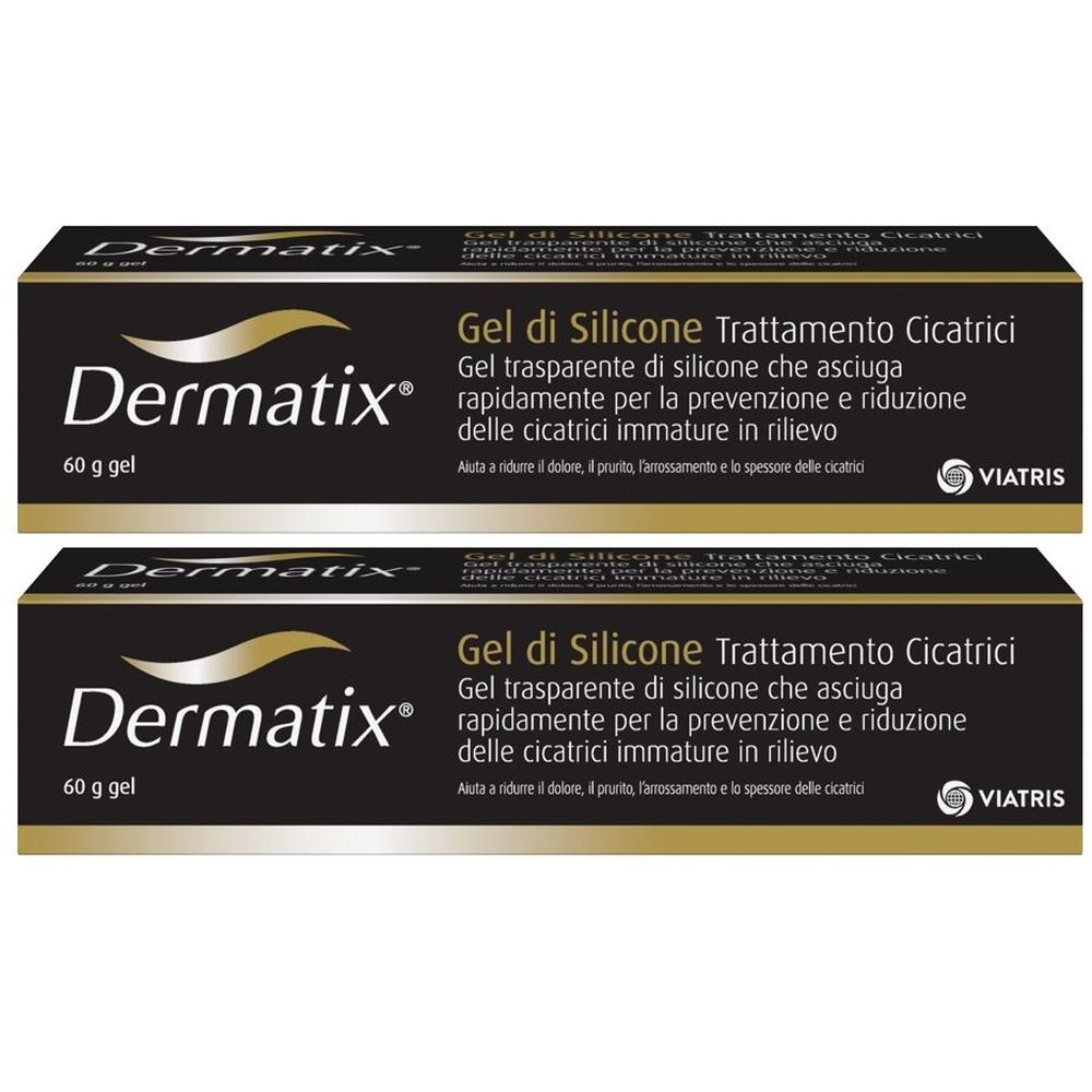 Due confezioni di Dermatix Gel di Silicone. Confezione nera con nome del prodotto e testo in italiano. Logo Viatris.