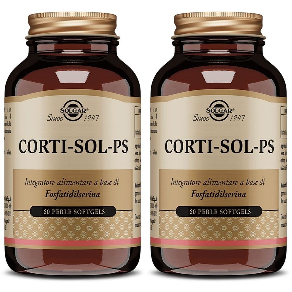Due flaconi di vetro marrone con tappi dorati. Scritta: SOLGAR, CORTI-SOL-PS, 60 Perle Softgels. Informazioni prodotto in italiano.